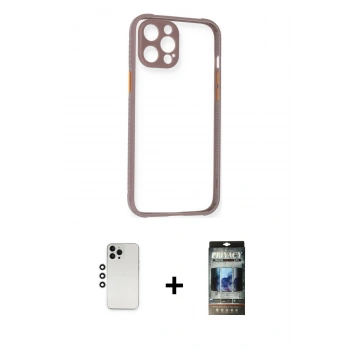 MARSİLYAN™- iPhone 12 Pro Kılıf Nova Asil Özel Seri - Siyah 34D Hayalet Izgaralı Cam + Shine Kamera Lens - GS