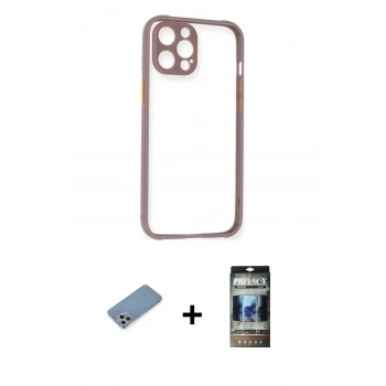 MARSİLYAN™- iPhone 12 Pro Kılıf Nova Asil Özel Seri - Siyah 34D Hayalet Izgaralı Cam + Shine Kamera Lens Koruma Cam - GS
