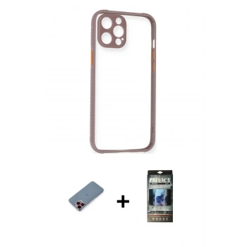 MARSİLYAN™- iPhone 12 Pro Kılıf Nova Asil Özel Seri - Siyah 34D Hayalet Izgaralı Cam + Metal Kamera Lens Koruma Cam - KI