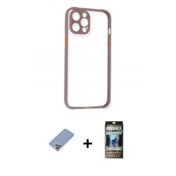 MARSİLYAN™- iPhone 12 Pro Kılıf Nova Asil Özel Seri - Siyah 34D Hayalet Izgaralı Cam + Metal Kamera Lens Koruma Cam - KUYL
