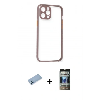 MARSİLYAN™- iPhone 12 Pro Kılıf Nova Asil Özel Seri - Siyah 34D Hayalet Izgaralı Cam + Shine Kamera Lens Koruma Cam - MI