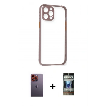 MARSİLYAN™- iPhone 12 Pro Kılıf Nova Asil Özel Seri - Siyah 34D Hayalet Izgaralı Cam + Neon Fosforlu Kamera Lens - TU