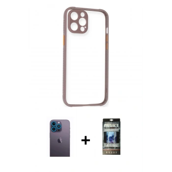 MARSİLYAN™- iPhone 12 Pro Kılıf Nova Asil Özel Seri - Siyah 34D Hayalet Izgaralı Cam + Neon Fosforlu Kamera Lens - MI