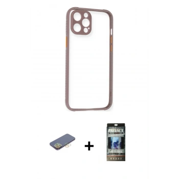 MARSİLYAN™- iPhone 12 Pro Kılıf Nova Asil Özel Seri - Siyah 34D Hayalet Izgaralı Cam + Renkli Kamera Lens Koruma Cam - SI
