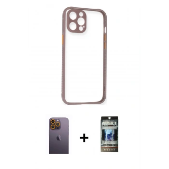 MARSİLYAN™- iPhone 12 Pro Kılıf Nova Asil Özel Seri - Siyah 34D Hayalet Izgaralı Cam + Neon Fosforlu Kamera Lens - SI