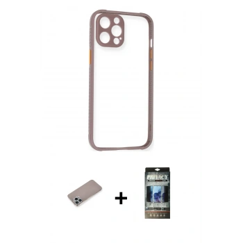 MARSİLYAN™- iPhone 12 Pro Kılıf Nova Asil Özel Seri - Siyah 34D Hayalet Izgaralı Cam + Shine Kamera Lens Koruma Cam - SABE