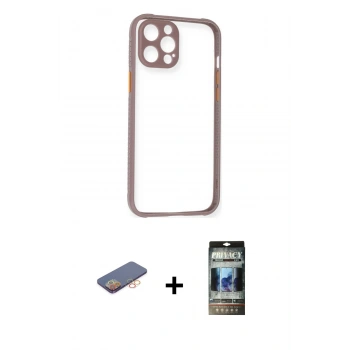 MARSİLYAN™- iPhone 12 Pro Kılıf Nova Asil Özel Seri - Siyah 34D Hayalet Izgaralı Cam + Renkli Kamera Lens Koruma Cam - TU
