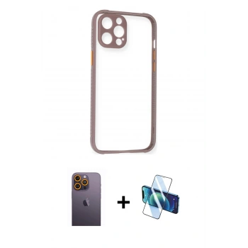 MARSİLYAN™- iPhone 12 Pro Kılıf Nova Asil Özel Seri - Siyah 3D Antistatik Cam Ekran Koruyucu + Neon Fosforlu Kamera Lens - SI