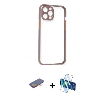 MARSİLYAN™- iPhone 12 Pro Kılıf Nova Asil Özel Seri - Siyah 3D Antistatik Cam Ekran Koruyucu + Renkli Kamera Lens Koruma Cam - TU