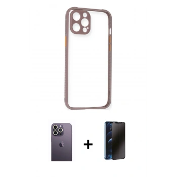 MARSİLYAN™- iPhone 12 Pro Kılıf Nova Asil Özel Seri - Siyah 3D Antistatik Hayalet Cam Ekran Koruyucu + Neon Fosforlu Kamera Lens - BZ