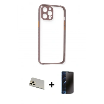 MARSİLYAN™- iPhone 12 Pro Kılıf Nova Asil Özel Seri - Siyah 3D Antistatik Hayalet Cam Ekran Koruyucu + Rainbow Kamera Lens Koruma Cam - GD
