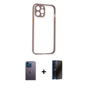 MARSİLYAN™- iPhone 12 Pro Kılıf Nova Asil Özel Seri - Siyah 3D Antistatik Hayalet Cam Ekran Koruyucu + Neon Fosforlu Kamera Lens - MI