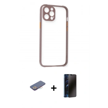 MARSİLYAN™- iPhone 12 Pro Kılıf Nova Asil Özel Seri - Siyah 3D Antistatik Hayalet Cam Ekran Koruyucu + Renkli Kamera Lens Koruma Cam - PE