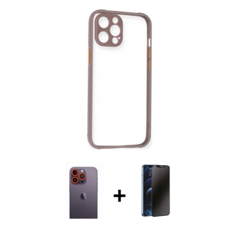 MARSİLYAN™- iPhone 12 Pro Kılıf Nova Asil Özel Seri - Siyah 3D Antistatik Hayalet Cam Ekran Koruyucu + Neon Fosforlu Kamera Lens - TU