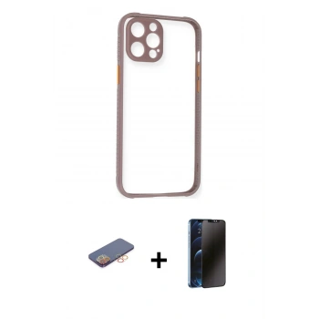 MARSİLYAN™- iPhone 12 Pro Kılıf Nova Asil Özel Seri - Siyah 3D Antistatik Hayalet Cam Ekran Koruyucu + Renkli Kamera Lens Koruma Cam - TU