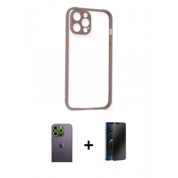 MARSİLYAN™- iPhone 12 Pro Kılıf Nova Asil Özel Seri - Siyah 3D Antistatik Hayalet Cam Ekran Koruyucu + Neon Fosforlu Kamera Lens - YL