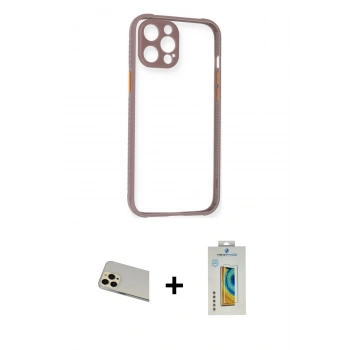 MARSİLYAN™- iPhone 12 Pro Kılıf Nova Asil Özel Seri - Siyah Polymer Nano Ekran Koruyucu + Rainbow Kamera Lens Koruma Cam - GD