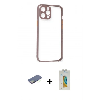 MARSİLYAN™- iPhone 12 Pro Kılıf Nova Asil Özel Seri - Siyah Polymer Nano Ekran Koruyucu + Renkli Kamera Lens Koruma Cam - YL