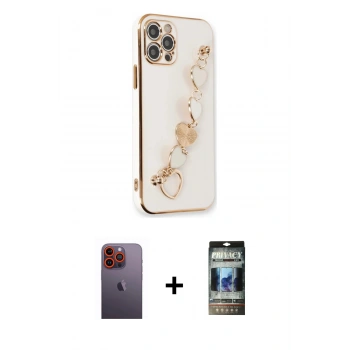 MARSİLYAN™- iPhone 12 Pro Kılıf Nova Işık Prime - Siyah 34D Hayalet Izgaralı Cam + Neon Fosforlu Kamera Lens - TU