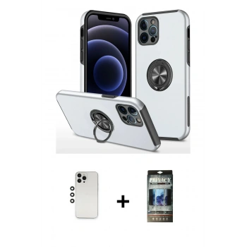 MARSİLYAN™- iPhone 12 Pro Kılıf Odak Form Prime - Siyah 34D Hayalet Izgaralı Cam + Shine Kamera Lens - GS