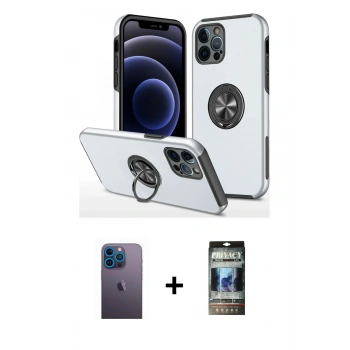 MARSİLYAN™- iPhone 12 Pro Kılıf Odak Form Prime - Siyah 34D Hayalet Izgaralı Cam + Neon Fosforlu Kamera Lens - MI