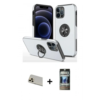 MARSİLYAN™- iPhone 12 Pro Kılıf Odak Form Prime - Siyah 34D Hayalet Izgaralı Cam + Rainbow Kamera Lens Koruma Cam - GD