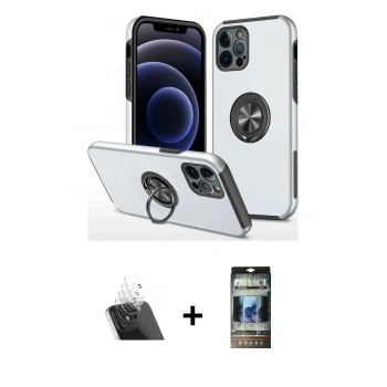 MARSİLYAN™- iPhone 12 Pro Kılıf Odak Form Prime - Siyah 34D Hayalet Izgaralı Cam + Kamera Lens Koruma Cam - SF