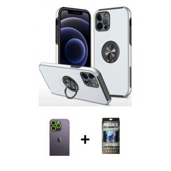 MARSİLYAN™- iPhone 12 Pro Kılıf Odak Form Prime - Siyah 34D Hayalet Izgaralı Cam + Neon Fosforlu Kamera Lens - YL