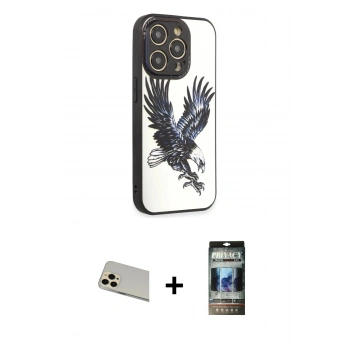 MARSİLYAN™- iPhone 12 Pro Kılıf Odak Klasik Serisi - Siyah 34D Hayalet Izgaralı Cam + Rainbow Kamera Lens Koruma Cam - GD