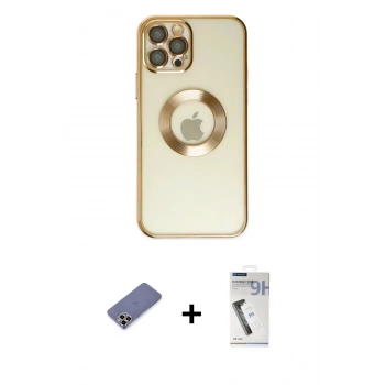 MARSİLYAN™- iPhone 12 Pro Kılıf Pusula Form - Şeffaf Uv Polymer Nano Ekran Koruyucu + Metal Kamera Lens Koruma Cam - GD
