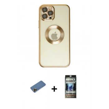 MARSİLYAN™- iPhone 12 Pro Kılıf Pusula Form - Siyah 34D Hayalet Izgaralı Cam + Shine Kamera Lens Koruma Cam - GD