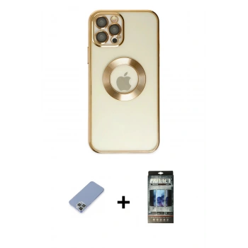 MARSİLYAN™- iPhone 12 Pro Kılıf Pusula Form - Siyah 34D Hayalet Izgaralı Cam + Metal Kamera Lens Koruma Cam - KUYL