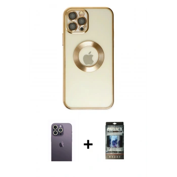 MARSİLYAN™- iPhone 12 Pro Kılıf Pusula Form - Siyah 34D Hayalet Izgaralı Cam + Neon Fosforlu Kamera Lens - BZ