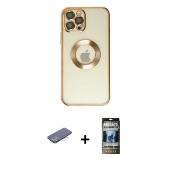 MARSİLYAN™- iPhone 12 Pro Kılıf Pusula Form - Siyah 34D Hayalet Izgaralı Cam + Renkli Kamera Lens Koruma Cam - MI