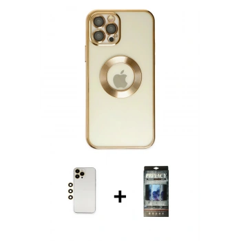 MARSİLYAN™- iPhone 12 Pro Kılıf Pusula Form - Siyah 34D Hayalet Izgaralı Cam + Shine Kamera Lens - GD