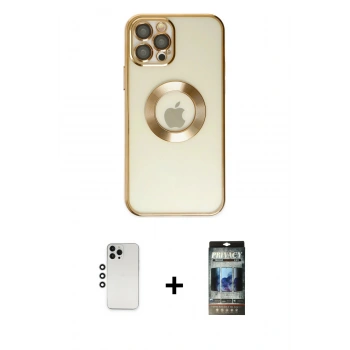 MARSİLYAN™- iPhone 12 Pro Kılıf Pusula Form - Siyah 34D Hayalet Izgaralı Cam + Shine Kamera Lens - GS
