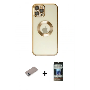 MARSİLYAN™- iPhone 12 Pro Kılıf Pusula Form - Siyah 34D Hayalet Izgaralı Cam + Shine Kamera Lens Koruma Cam - SABE