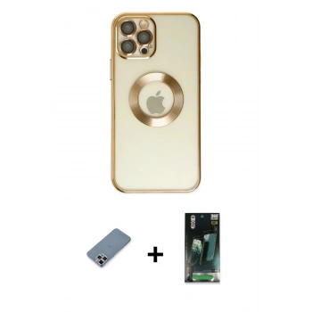 MARSİLYAN™- iPhone 12 Pro Kılıf Pusula Form - Siyah 360 Mat Full Body Arka Koruyucu + Metal Kamera Lens Koruma Cam - GS