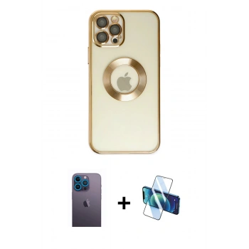 MARSİLYAN™- iPhone 12 Pro Kılıf Pusula Form - Siyah 3D Antistatik Cam Ekran Koruyucu + Neon Fosforlu Kamera Lens - MI