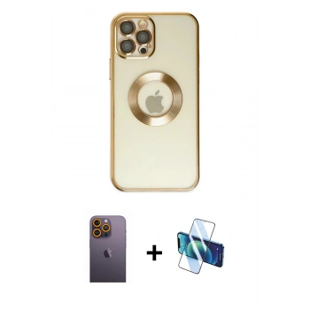 MARSİLYAN™- iPhone 12 Pro Kılıf Pusula Form - Siyah 3D Antistatik Cam Ekran Koruyucu + Neon Fosforlu Kamera Lens - SI
