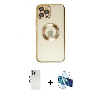 MARSİLYAN™- iPhone 12 Pro Kılıf Pusula Form - Siyah 3D Antistatik Cam Ekran Koruyucu + Shine Kamera Lens - GS