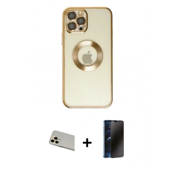 MARSİLYAN™- iPhone 12 Pro Kılıf Pusula Form - Siyah 3D Antistatik Hayalet Cam Ekran Koruyucu + Rainbow Kamera Lens Koruma Cam - GD