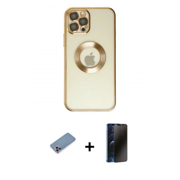 MARSİLYAN™- iPhone 12 Pro Kılıf Pusula Form - Siyah 3D Antistatik Hayalet Cam Ekran Koruyucu + Shine Kamera Lens Koruma Cam - PE