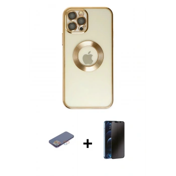 MARSİLYAN™- iPhone 12 Pro Kılıf Pusula Form - Siyah 3D Antistatik Hayalet Cam Ekran Koruyucu + Renkli Kamera Lens Koruma Cam - PE
