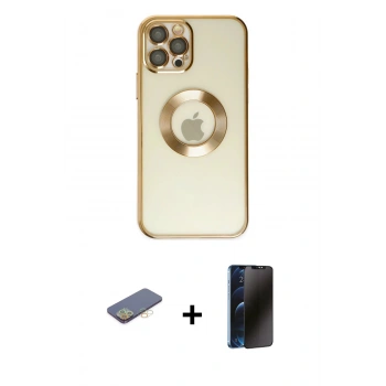 MARSİLYAN™- iPhone 12 Pro Kılıf Pusula Form - Siyah 3D Antistatik Hayalet Cam Ekran Koruyucu + Renkli Kamera Lens Koruma Cam - SI