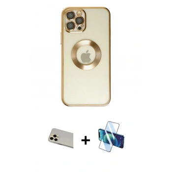 MARSİLYAN™- iPhone 12 Pro Kılıf Pusula Form - Siyah 3D Antistatik Seramik Nano Ekran Koruyucu + Rainbow Kamera Lens Koruma Cam - GD