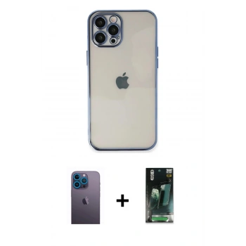 MARSİLYAN™- iPhone 12 Pro Kılıf Vadi Minimal - Şeffaf 360 Full Body Arka Koruyucu + Neon Fosforlu Kamera Lens - MI