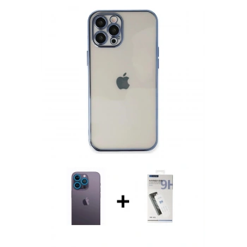 MARSİLYAN™- iPhone 12 Pro Kılıf Vadi Minimal - Şeffaf Uv Polymer Nano Ekran Koruyucu + Neon Fosforlu Kamera Lens - MI