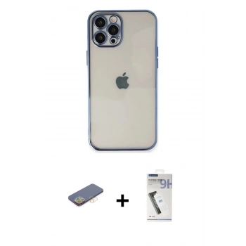 MARSİLYAN™- iPhone 12 Pro Kılıf Vadi Minimal - Şeffaf Uv Polymer Nano Ekran Koruyucu + Renkli Kamera Lens Koruma Cam - SI