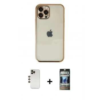 MARSİLYAN™- iPhone 12 Pro Kılıf Vadi Minimal - Siyah 34D Hayalet Izgaralı Cam + Shine Kamera Lens - GD